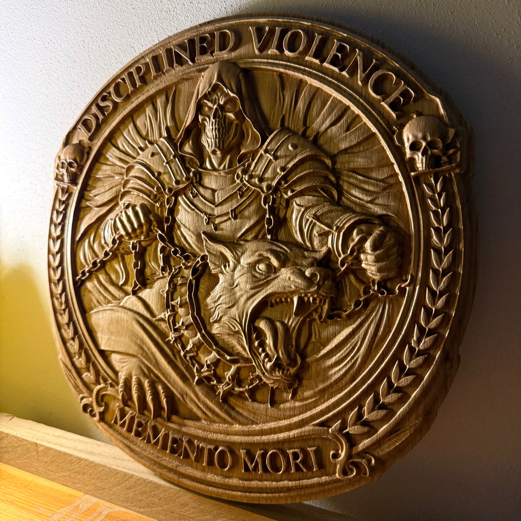 Disciplined Violence – Memento Mori Round Wall Plaque | High-Relief Masculine Statement Art