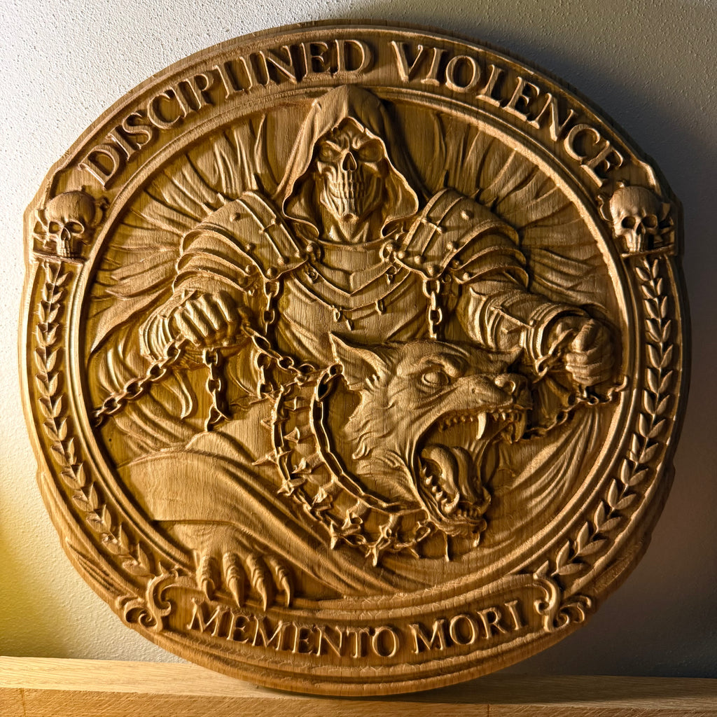 Disciplined Violence – Memento Mori Round Wall Plaque | High-Relief Masculine Statement Art