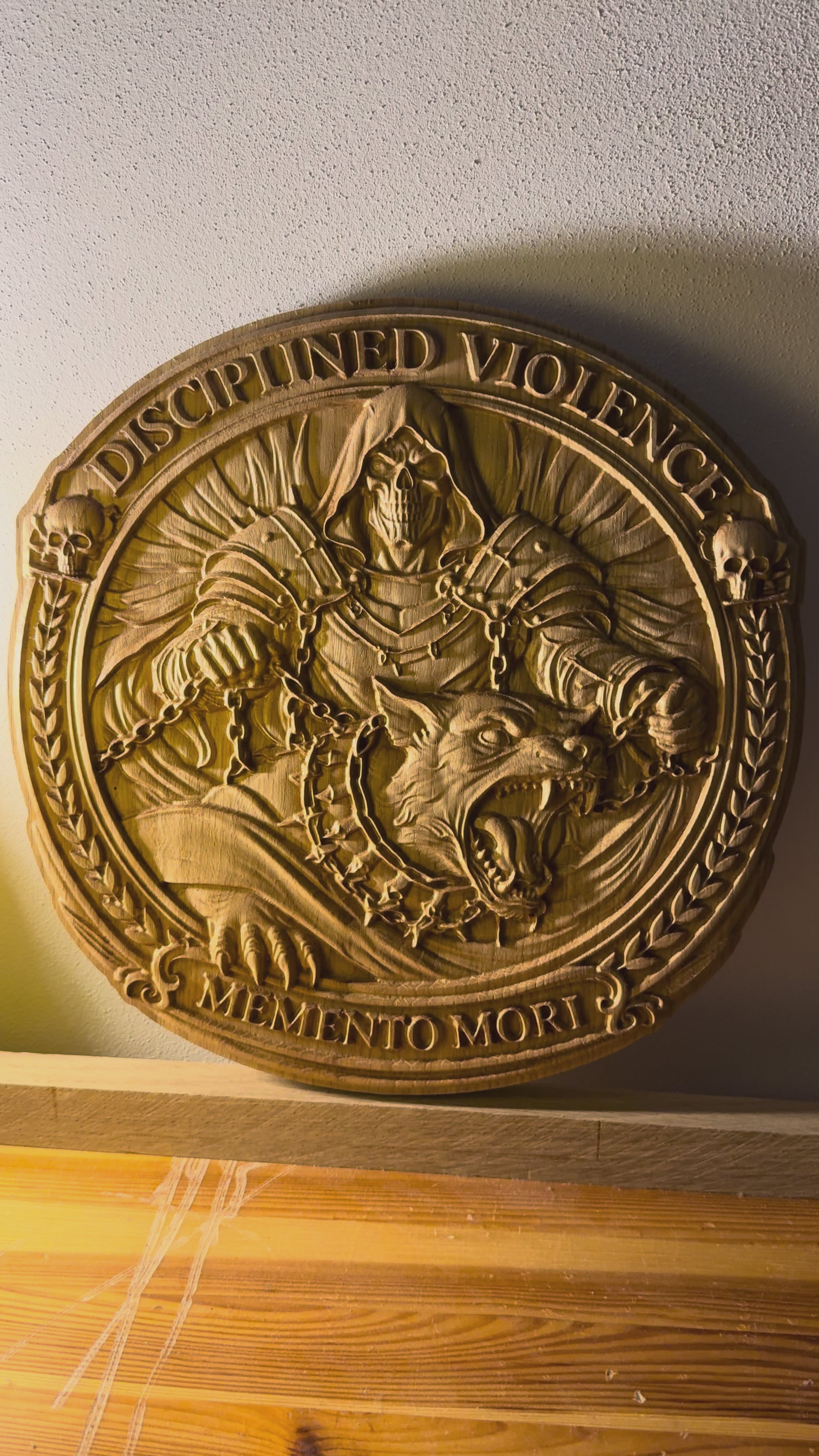 Disciplined Violence – Memento Mori Round Wall Plaque | High-Relief Masculine Statement Art